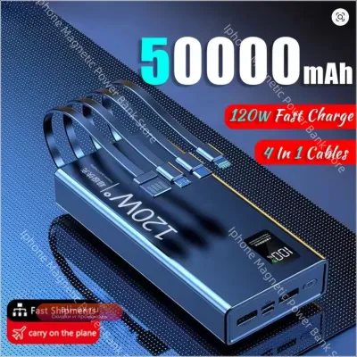 Power Bank NEW BRAND 120W 50000mAh с 4 кабелями: Быстрая зарядка, Портативная батарея для iPhone, Samsung