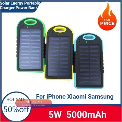 Solar Energy Power Bank 5000 mAh с двойным USB, водонепроницаемый, для Xiaomi, Samsung