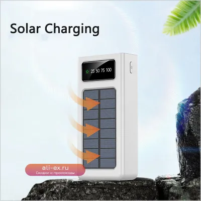 [30000mAh] Солнечный Power Bank для iPhone 16/15/14, Huawei, Xiaomi – Портативное зарядное устройство USB-C с 4 кабелями, быстрая зарядка