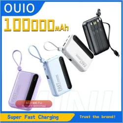 OUIO Power Bank 100000mAh: Мощный портативный аккумулятор с 4 кабелями и цифровым дисплеем для iPhone, Xiaomi