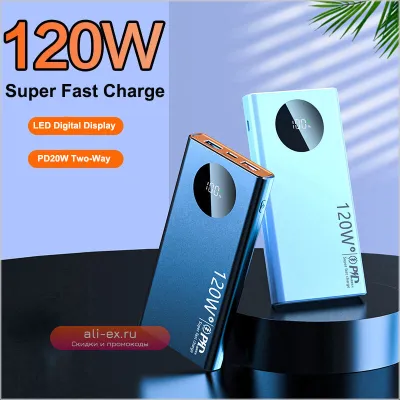 Power Bank 20000mAh 120W Super Fast Charging — Портативное зарядное устройство для iPhone, Samsung, Huawei, Xiaomi