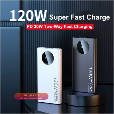 Power Bank 20000mAh 120W Super Fast Charging — Портативное зарядное устройство для iPhone, Samsung, Huawei, Xiaomi