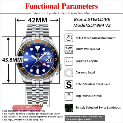 STEELDIVE SD1994 GMT Автоматические дайверские часы 200M с керамическим безелем и суперлюминесценцией