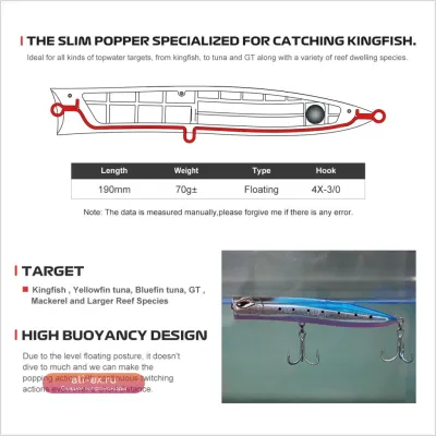 Noeby Daio Diving Slim Popper 190mm 70г ± Плавающий Воблер для Морской Рыбалки на Тунца и Кингфиша