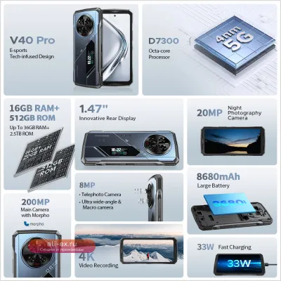 DOOGEE V40 Pro 5G: защищенный смартфон для игр 16/512 ГБ, Dimensity 7300, 200 Мп AI камера, 8680 мАч, Android 14