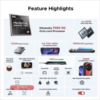 DOOGEE S118 Pro 5G: Ударопрочный смартфон 8/512GB, 10800mAh, NFC, Android 14