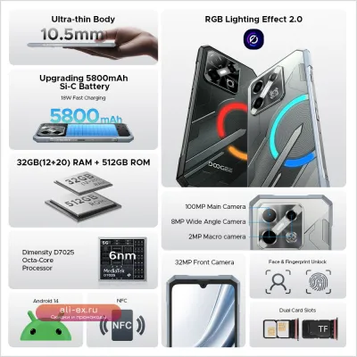 DOOGEE Blade GT Pro 5G: сверхтонкий (10.5 мм) защищенный смартфон с LED-эффектом, 12/512 ГБ, камерой 100 Мп и батареей 5800 мАч.