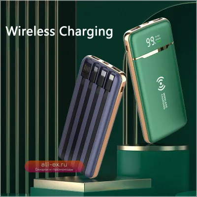 Power Bank 20000mAh с беспроводной зарядкой и кабелем, портативное зарядное устройство для iPhone, Samsung, Huawei, Xiaomi