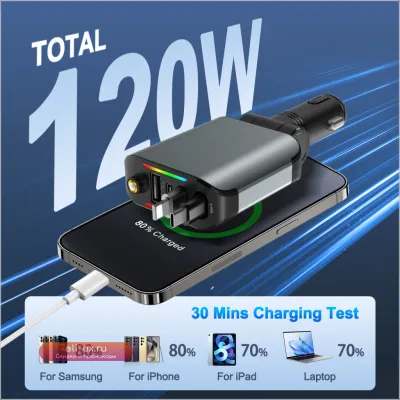 Автомобильное зарядное устройство 4 в 1 Retractable Car Charger With Starlight с быстрой зарядкой USB C для iPhone и Android