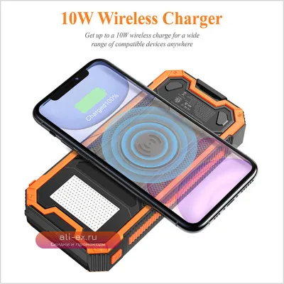 Солнечная беспроводная зарядка Power Bank 30000mAh для iPhone, Xiaomi, Samsung, Huawei с быстрой зарядкой