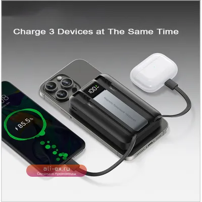 Магнитный повербанк 10000mAh с беспроводной зарядкой 15W для iPhone/Samsung/Xiaomi