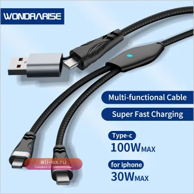Кабель WONDRARISE 2 в 1 USB-C: быстрая зарядка PD и синхронизация данных для iOS/Android (Samsung, Huawei, Xiaomi)
