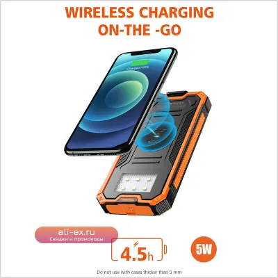 Солнечный Power Bank 20000mAh Водонепроницаемый Портативное Беспроводное Зарядное Устройство для iPhone, Samsung, Huawei, Xiaomi
