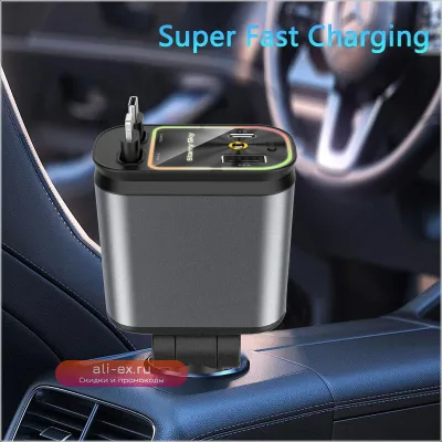 Автомобильное зарядное устройство Super Fast 66W с 4 портами (USB+Type-C), выдвижными кабелями и дисплеем B1