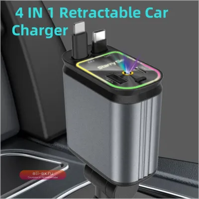 Автомобильное зарядное устройство Super Fast 66W с 4 портами (USB+Type-C), выдвижными кабелями и дисплеем B1