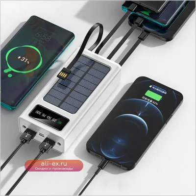 30000 mAh Солнечный Power Bank с двойным USB, Портативное зарядное устройство для iPhone, Samsung, Xiaomi, Huawei с LED-фонариком