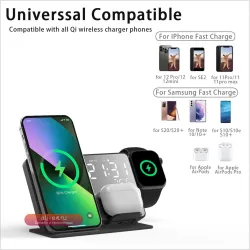 Беспроводная зарядная станция 3-в-1 с будильником для iPhone 14/13/12, Apple Watch S8/7, 15W