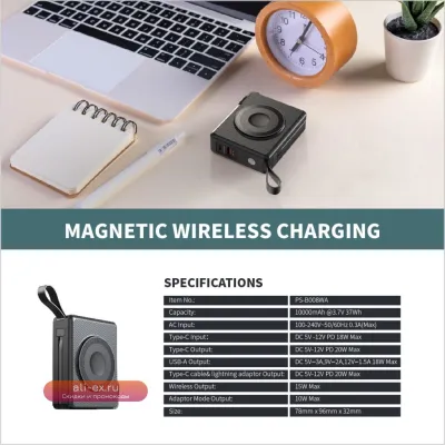 Power Bank UGREEN 16000mAh для iPhone 15 Pro Max с беспроводной зарядкой и встроенной вилкой