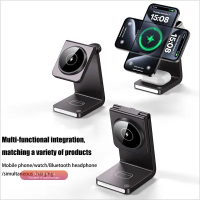Магнитная беспроводная зарядка-подставка 3-в-1 для iPhone 15 Pro, наушников Bluetooth и Apple Watch c быстрой зарядкой 15W
