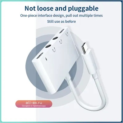 USB-C адаптер-разветвитель 2E с разъемом 3.5 мм для наушников и зарядки