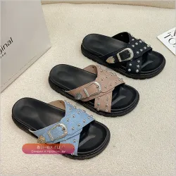 Женские шлёпанцы New Summer с массивной подошвой и пряжкой-клепкой