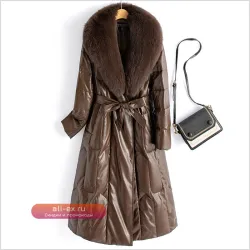 Женское зимнее кожаное пальто с натуральным мехом лисы