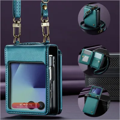 Кожаный чехол Caseme C22 для Samsung Galaxy Z Flip 7 с двойным ремешком