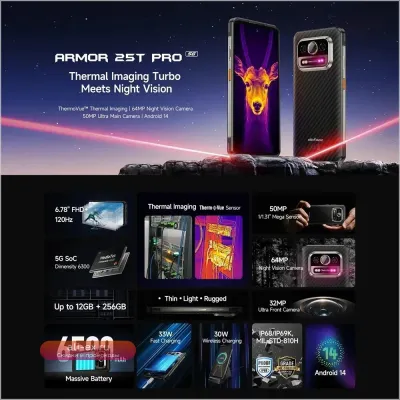 Ulefone Armor 25T Pro 5G: Защищенный смартфон с тепловизором, 33W, 50+64Мп, NFC, Android 14