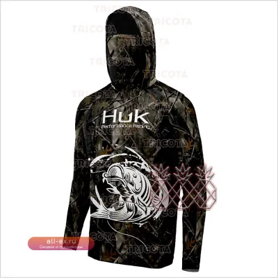 Футболка HUK Fishing с капюшоном для охоты, рыбалки и активного отдыха летом с защитой от УФ-излучения