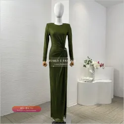 Зеленое макси-платье с длинным рукавом и принтом "бриллианты" Slim Jersey для вечеринки 2025
