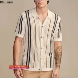 Мужская летняя вязаная рубашка с коротким рукавом приталенного силуэта в винтажном стиле с полосками