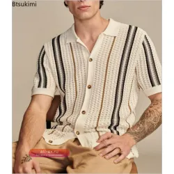 Мужская летняя вязаная рубашка с коротким рукавом приталенного силуэта в винтажном стиле с полосками