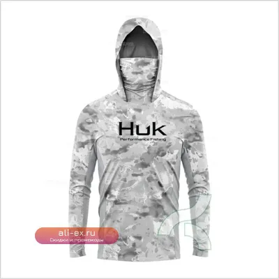 Футболка HUK Fishing с длинным рукавом, капюшоном и маской для защиты от УФ-излучения, UPF 50+