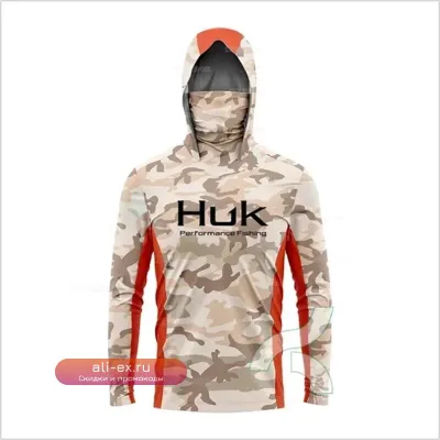 Футболка HUK Fishing с длинным рукавом, капюшоном и маской для защиты от УФ-излучения, UPF 50+