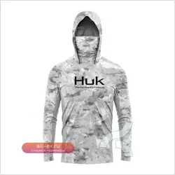 Футболка HUK Fishing с длинным рукавом, капюшоном и маской для защиты от УФ-излучения, UPF 50+
