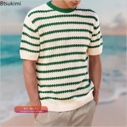 Мужская вязаная футболка в полоску Holiday Style, модный свободный повседневный пуловер с коротким рукавом и круглым вырезом, винтажные футболки в стиле колор-блок