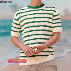 Мужская вязаная футболка в полоску Holiday Style, модный свободный повседневный пуловер с коротким рукавом и круглым вырезом, винтажные футболки в стиле колор-блок