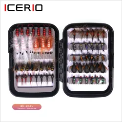 ICERIO 59шт набор рыболовных мушек с коробкой: Royal Wulff, Bead Head Pupa, Larva, Nymph, Beetle, Shrimps - приманки для форели, окуня и морской рыбалки