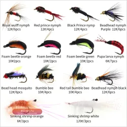 ICERIO 59шт набор рыболовных мушек с коробкой: Royal Wulff, Bead Head Pupa, Larva, Nymph, Beetle, Shrimps - приманки для форели, окуня и морской рыбалки