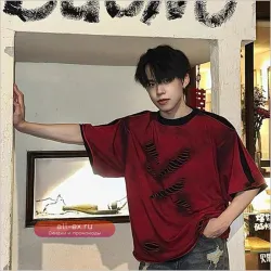 Летняя футболка мужская с рваными дырками, круглый вырез, короткий рукав, 2025, стильная, винтажная, универсальная, 2XL, оверсайз, стритстайл, красная