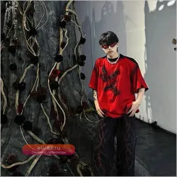 Летняя футболка мужская с рваными дырками, круглый вырез, короткий рукав, 2025, стильная, винтажная, универсальная, 2XL, оверсайз, стритстайл, красная