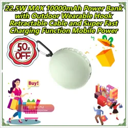 Power Bank 10000mAh с выдвижным кабелем, крючком и супербыстрой зарядкой 22.5W