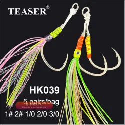 Крючки для джиггинга TEASER HK039 с резиновыми юбками, флуоресцентные, медленно тонущие, 5 пар