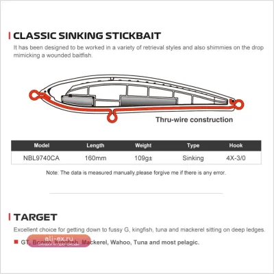 NOEBY The Pest Stickbait 160мм 109г Crystal Armor: тонущая приманка для трофейной морской рыбалки (тунец, GT, кингфиш)