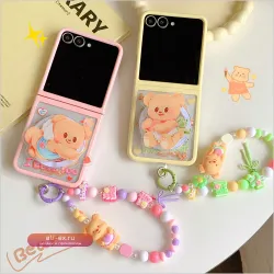 Чехол для Samsung Galaxy Z Flip 7/6/5 с магнитной подставкой в виде милого корейского медведя, защитой Magsafe и цепочкой