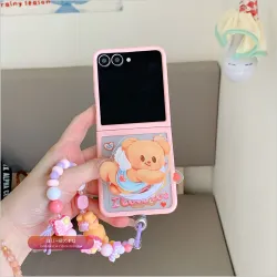 Чехол для Samsung Galaxy Z Flip 7/6/5 с магнитной подставкой в виде милого корейского медведя, защитой Magsafe и цепочкой