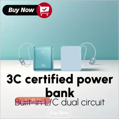 Портативный Power Bank 10000mAh с быстрой зарядкой и встроенным плетеным кабелем