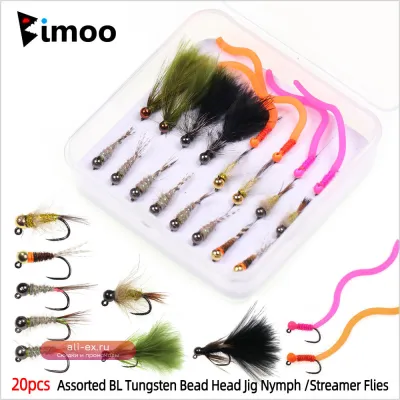Комплект из 20 мушек Bimoo: нимфы Perdigon Tungsten с безбородым крючком, быстро тонущие, для ловли форели