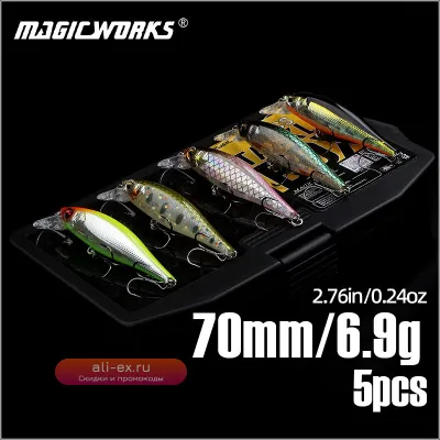 Рыболовные приманки Magic Works Minnow Wobblers, 5 шт., 70 мм, 6.9 г, для щуки, форели, окуня, плавающие, Jerkbait