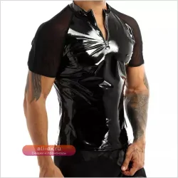 Мужская футболка из эко-кожи и сетки для фитнеса и ночных клубов 2025